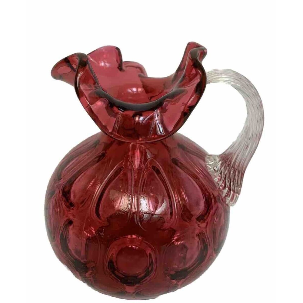 Vintage Fenton Cranberry Pitcher Coin Dot Ruffled Clear Handle Small Retro 7"